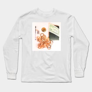 Bitcoin coin, gold and money. Concept of mining business, wealth, bonus, success Long Sleeve T-Shirt